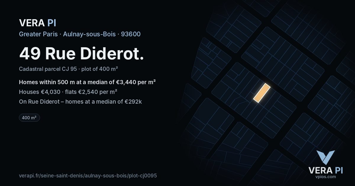 49 Rue Diderot, Aulnay-sous-Bois at night – the plot lit, the parcels around coloured by the prices near them