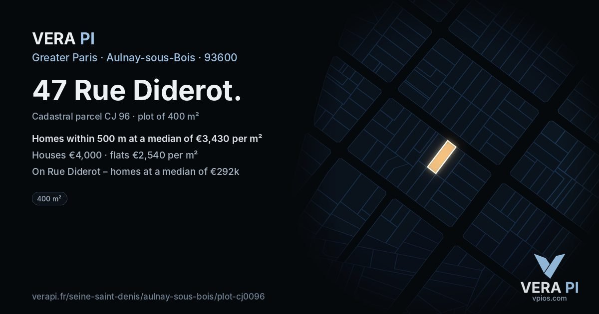 47 Rue Diderot, Aulnay-sous-Bois at night – the plot lit, the parcels around coloured by the prices near them
