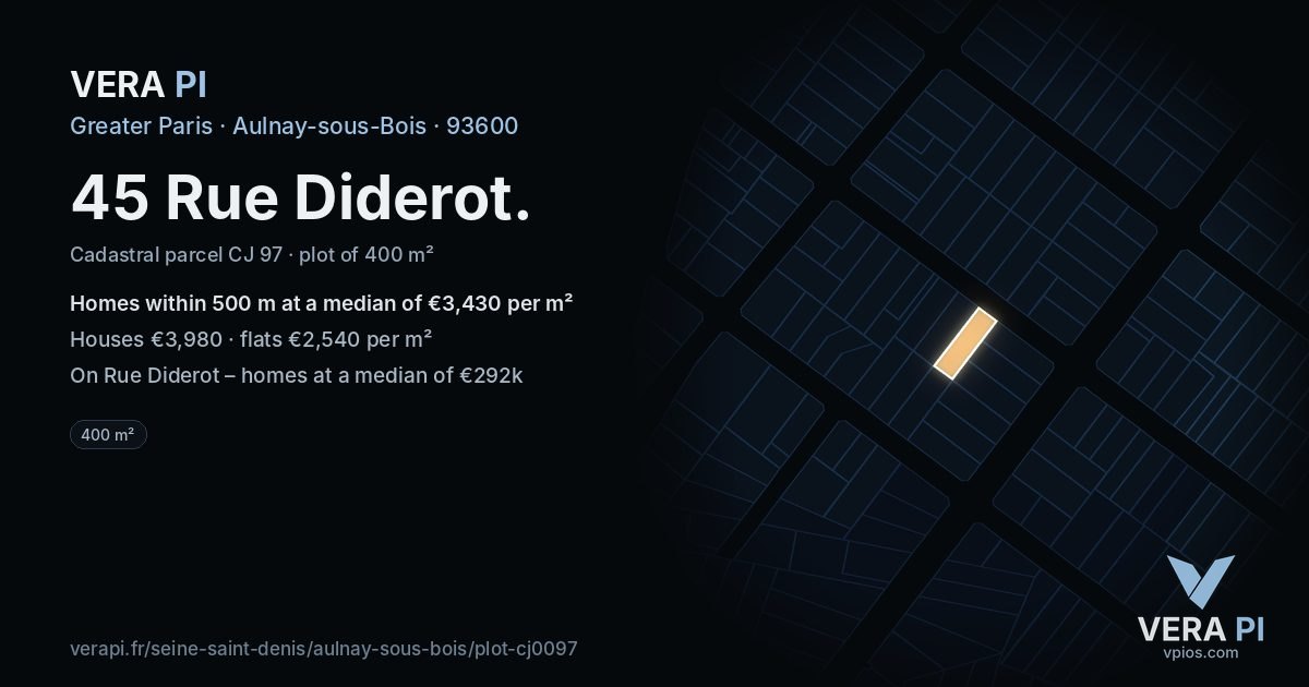 45 Rue Diderot, Aulnay-sous-Bois at night – the plot lit, the parcels around coloured by the prices near them