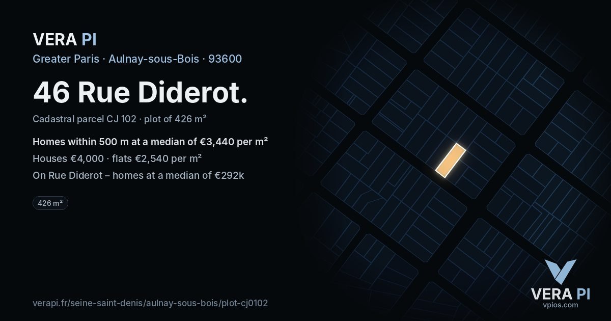 46 Rue Diderot, Aulnay-sous-Bois at night – the plot lit, the parcels around coloured by the prices near them