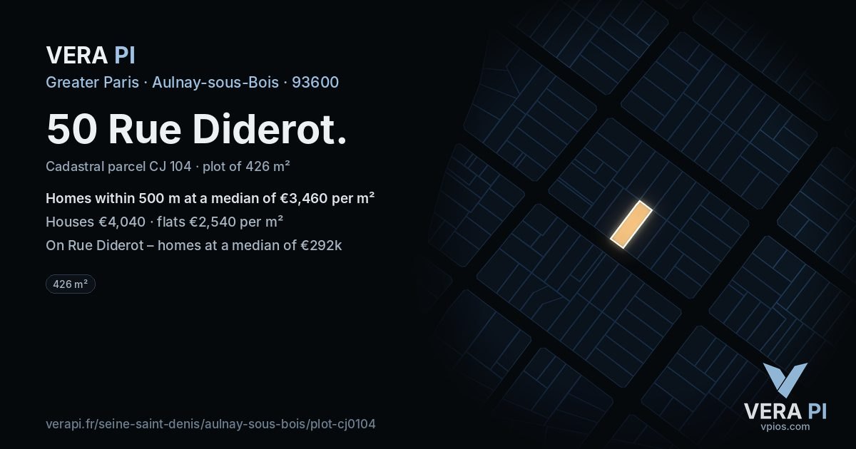50 Rue Diderot, Aulnay-sous-Bois at night – the plot lit, the parcels around coloured by the prices near them