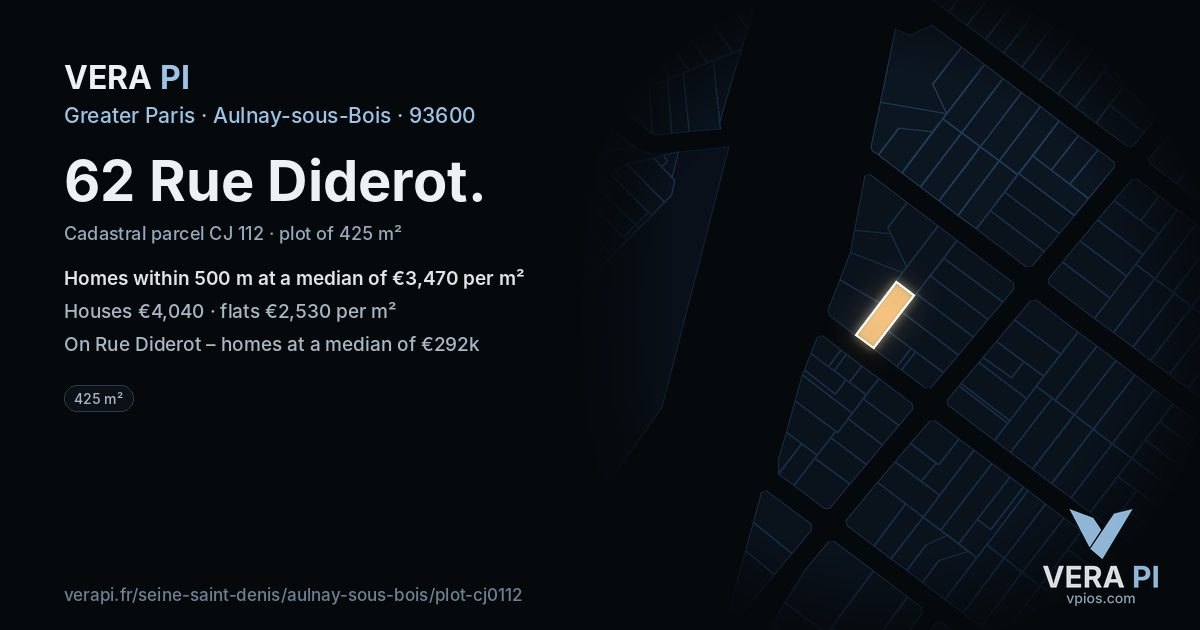 62 Rue Diderot, Aulnay-sous-Bois at night – the plot lit, the parcels around coloured by the prices near them