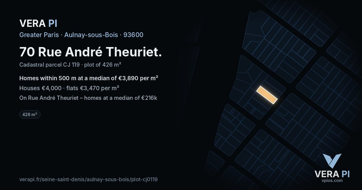 70 Rue André Theuriet, Aulnay-sous-Bois at night – the plot lit, the parcels around coloured by the prices near them