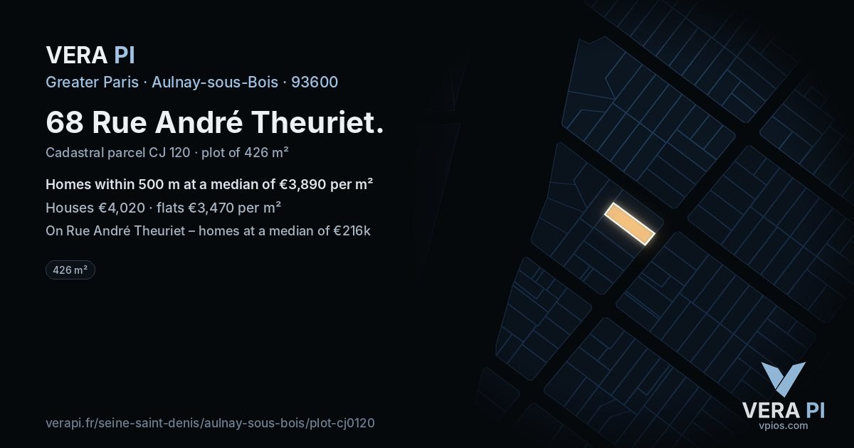 68 Rue André Theuriet, Aulnay-sous-Bois at night – the plot lit, the parcels around coloured by the prices near them
