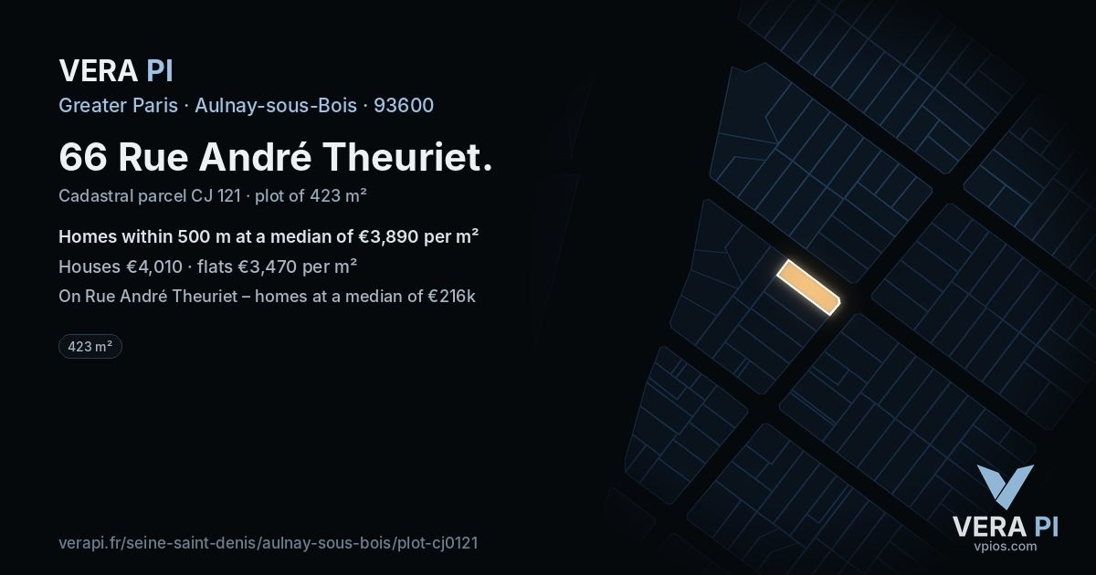 66 Rue André Theuriet, Aulnay-sous-Bois at night – the plot lit, the parcels around coloured by the prices near them