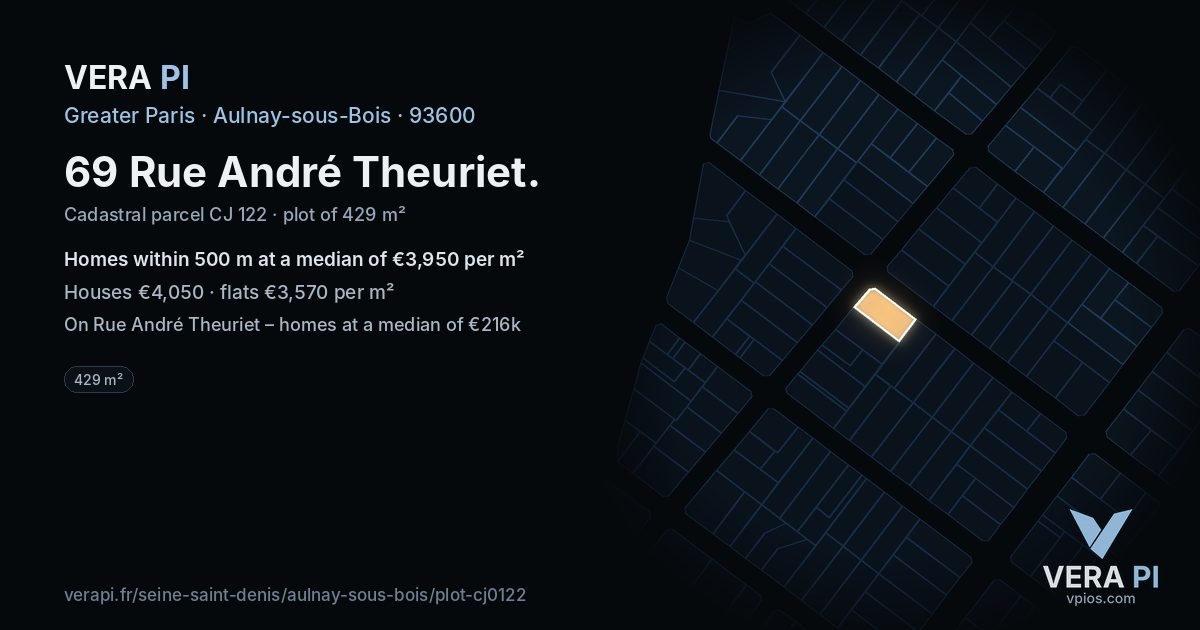 69 Rue André Theuriet, Aulnay-sous-Bois at night – the plot lit, the parcels around coloured by the prices near them