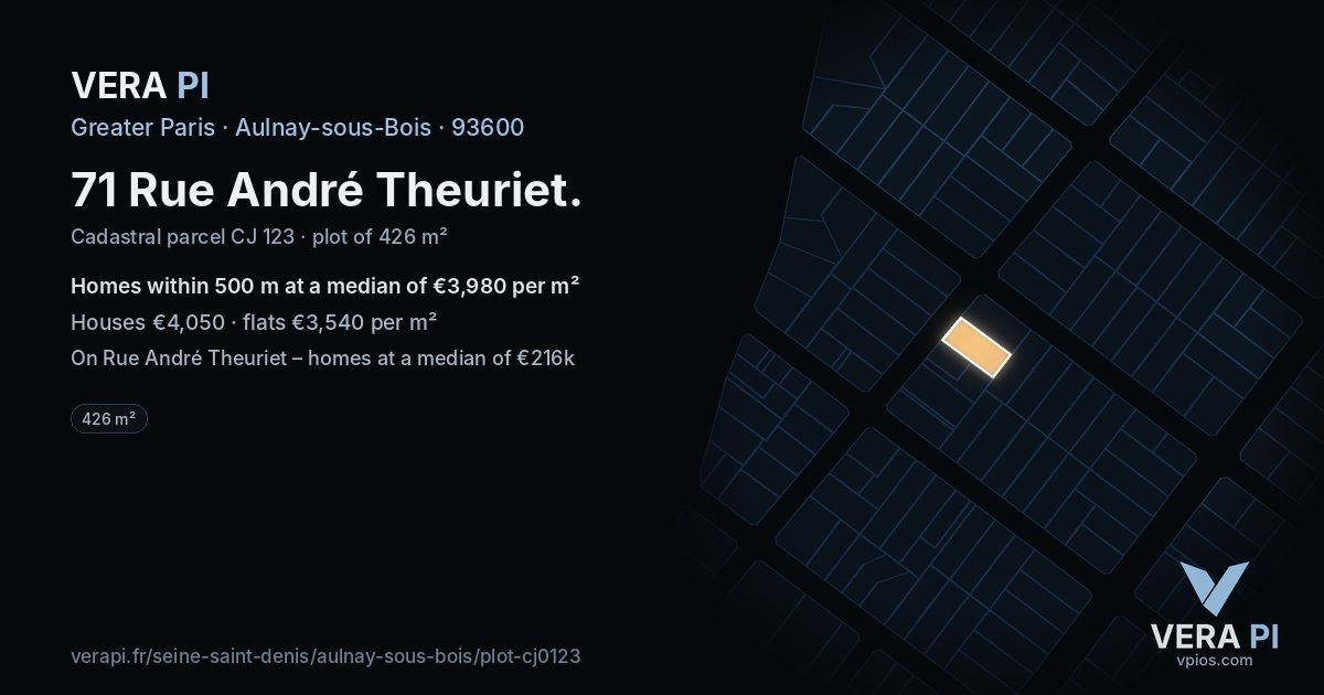 71 Rue André Theuriet, Aulnay-sous-Bois at night – the plot lit, the parcels around coloured by the prices near them
