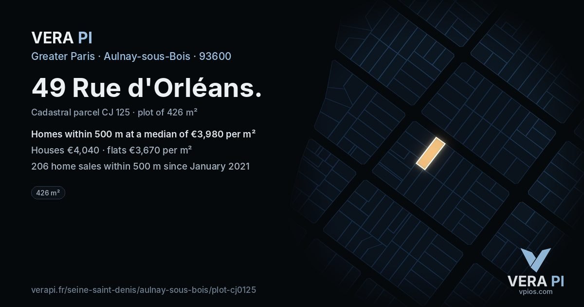 49 Rue d'Orléans, Aulnay-sous-Bois at night – the plot lit, the parcels around coloured by the prices near them