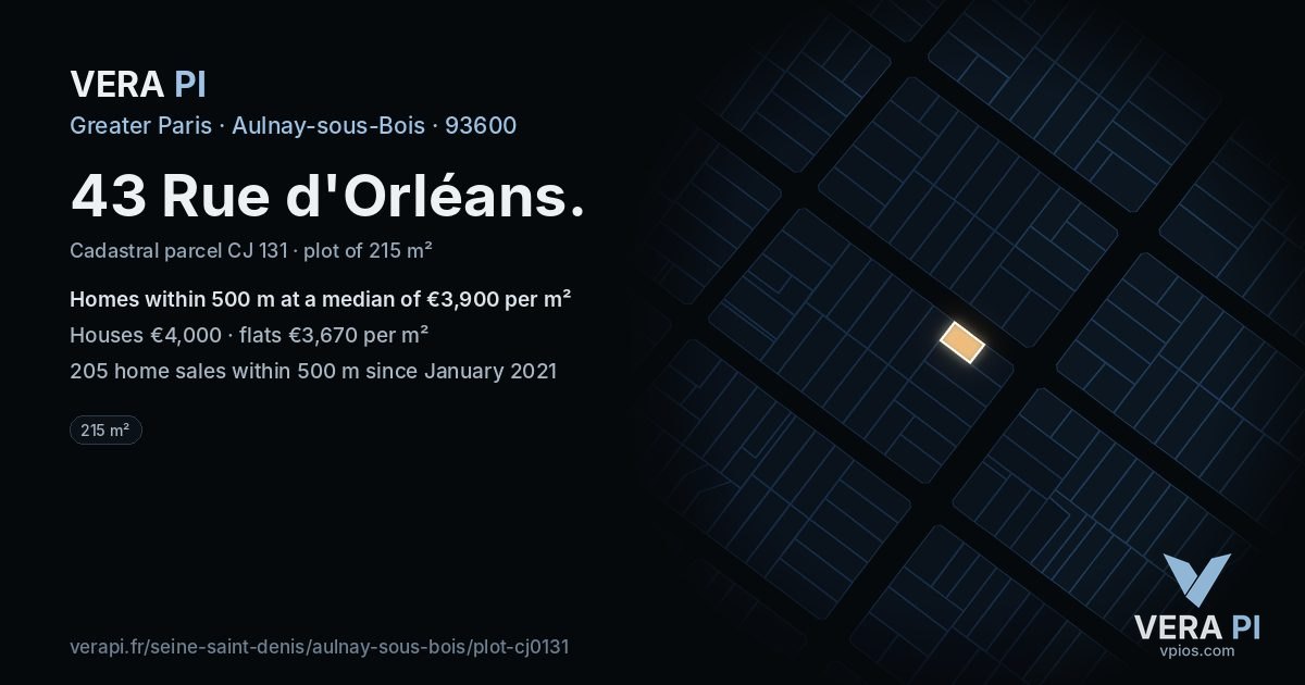 43 Rue d'Orléans, Aulnay-sous-Bois at night – the plot lit, the parcels around coloured by the prices near them