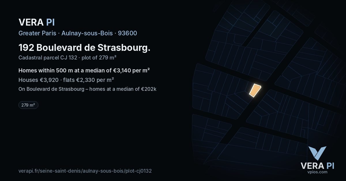 192 Boulevard de Strasbourg, Aulnay-sous-Bois at night – the plot lit, the parcels around coloured by the prices near them