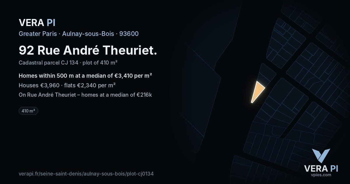 92 Rue André Theuriet, Aulnay-sous-Bois at night – the plot lit, the parcels around coloured by the prices near them