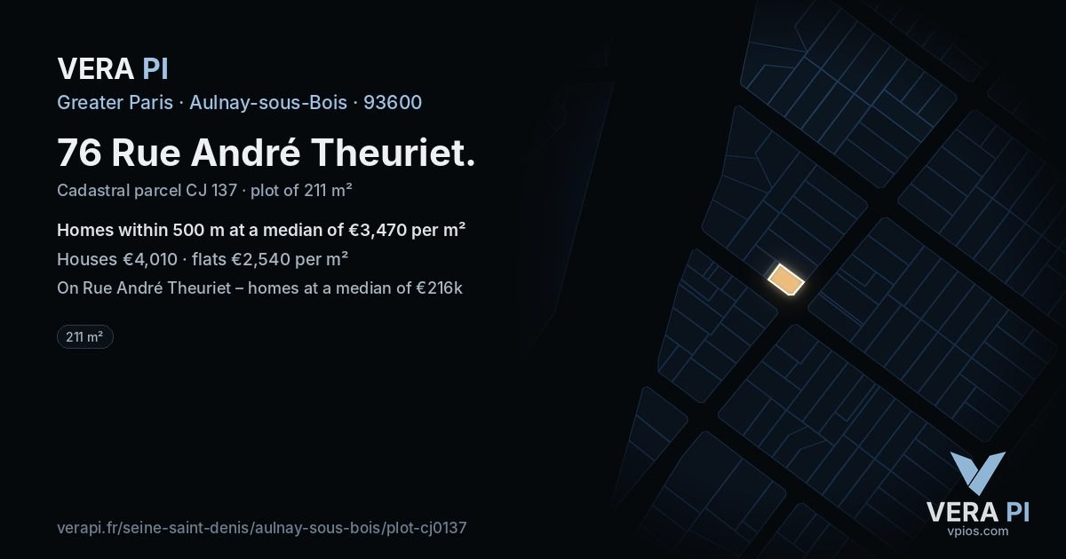 76 Rue André Theuriet, Aulnay-sous-Bois at night – the plot lit, the parcels around coloured by the prices near them