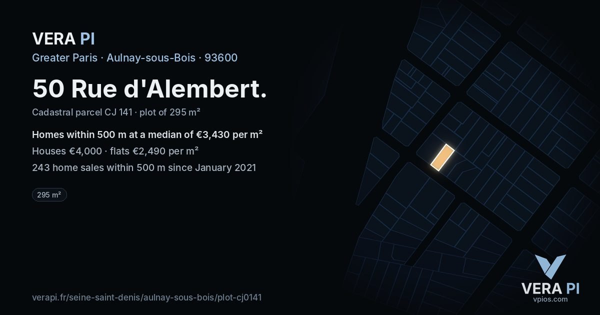 50 Rue d'Alembert, Aulnay-sous-Bois at night – the plot lit, the parcels around coloured by the prices near them