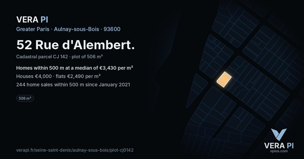 52 Rue d'Alembert, Aulnay-sous-Bois at night – the plot lit, the parcels around coloured by the prices near them