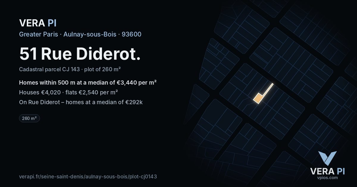 51 Rue Diderot, Aulnay-sous-Bois at night – the plot lit, the parcels around coloured by the prices near them