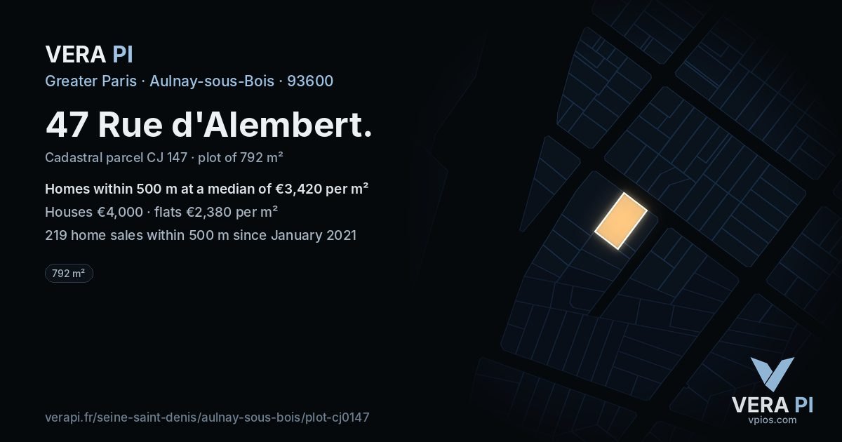 47 Rue d'Alembert, Aulnay-sous-Bois at night – the plot lit, the parcels around coloured by the prices near them