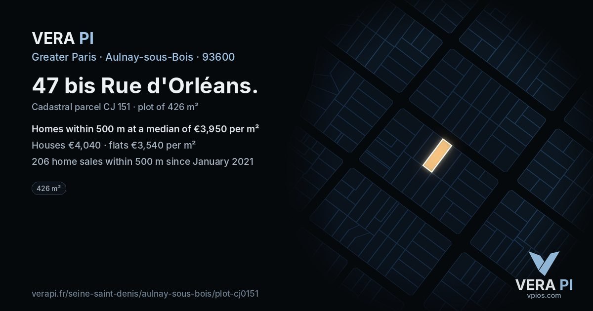 47 bis Rue d'Orléans, Aulnay-sous-Bois at night – the plot lit, the parcels around coloured by the prices near them