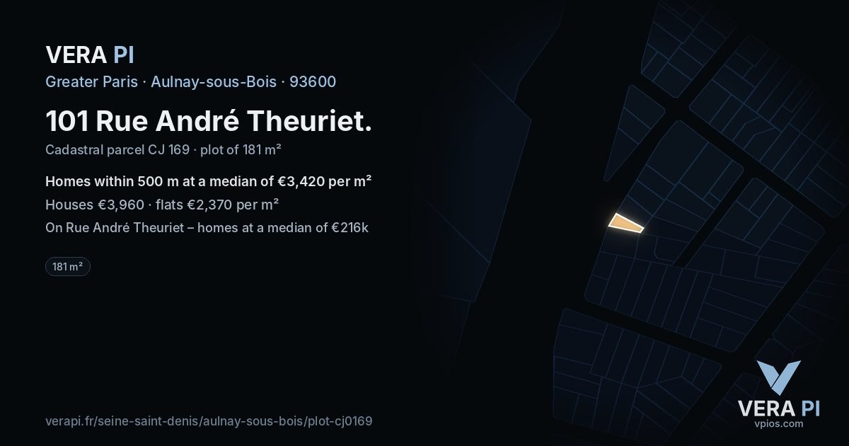 101 Rue André Theuriet, Aulnay-sous-Bois at night – the plot lit, the parcels around coloured by the prices near them