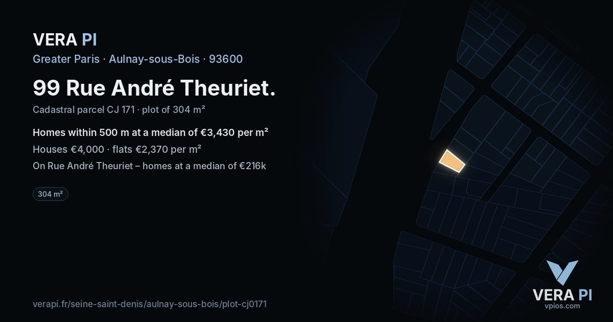 99 Rue André Theuriet, Aulnay-sous-Bois at night – the plot lit, the parcels around coloured by the prices near them