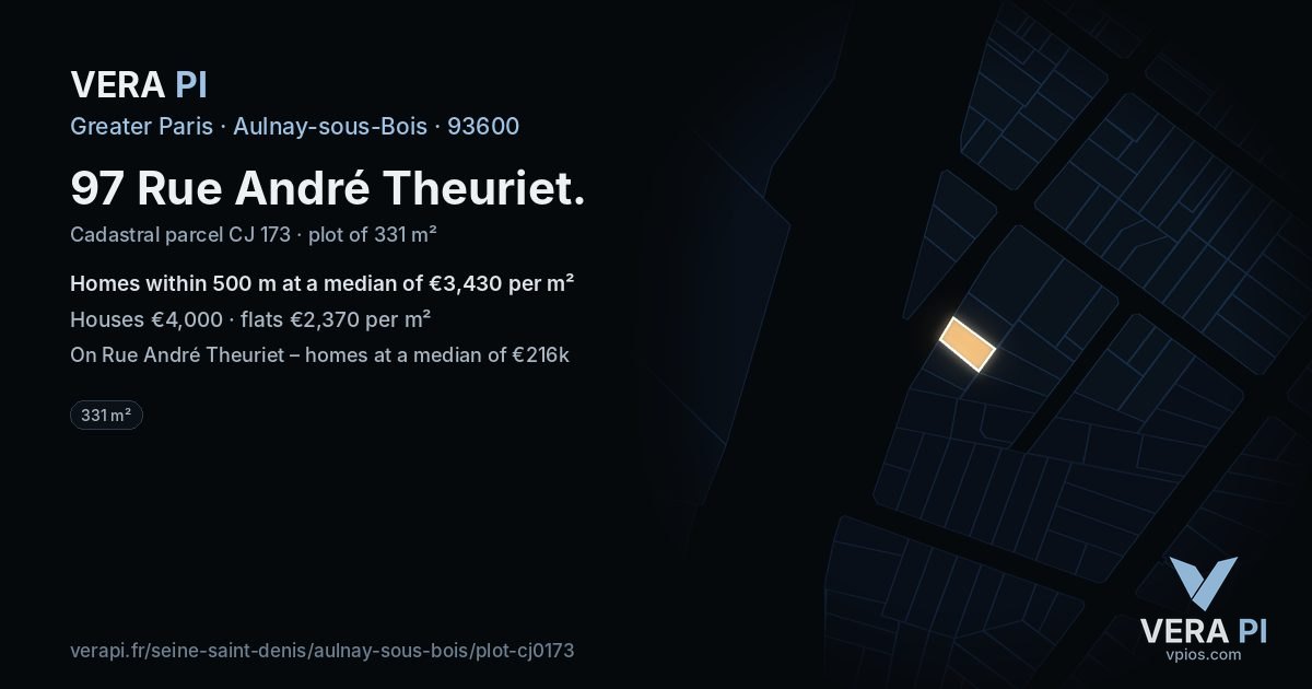 97 Rue André Theuriet, Aulnay-sous-Bois at night – the plot lit, the parcels around coloured by the prices near them
