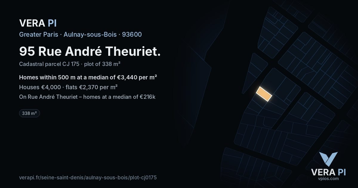 95 Rue André Theuriet, Aulnay-sous-Bois at night – the plot lit, the parcels around coloured by the prices near them
