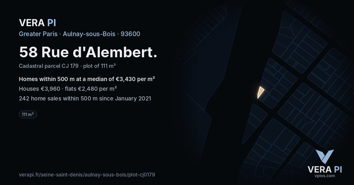 58 Rue d'Alembert, Aulnay-sous-Bois at night – the plot lit, the parcels around coloured by the prices near them
