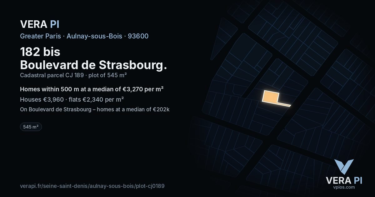 182 bis Boulevard de Strasbourg, Aulnay-sous-Bois at night – the plot lit, the parcels around coloured by the prices near them