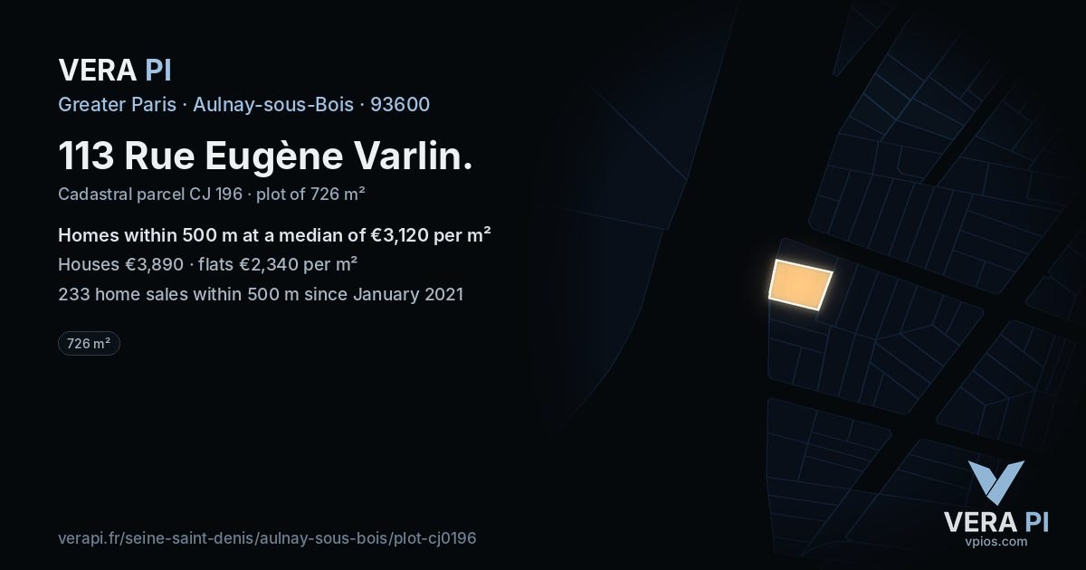 113 Rue Eugène Varlin, Aulnay-sous-Bois at night – the plot lit, the parcels around coloured by the prices near them