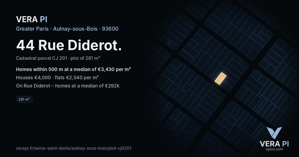 44 Rue Diderot, Aulnay-sous-Bois at night – the plot lit, the parcels around coloured by the prices near them