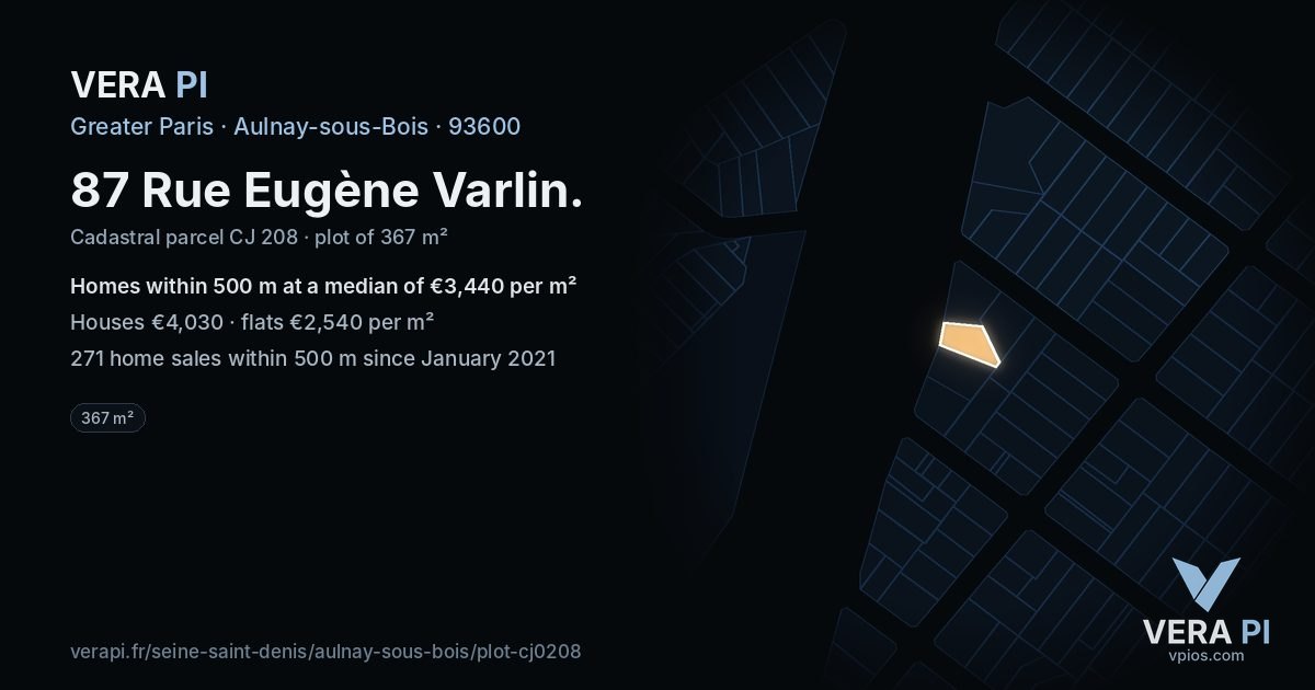 87 Rue Eugène Varlin, Aulnay-sous-Bois at night – the plot lit, the parcels around coloured by the prices near them