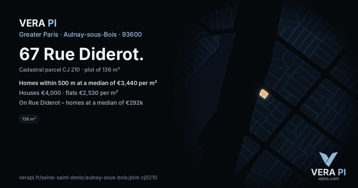 67 Rue Diderot, Aulnay-sous-Bois at night – the plot lit, the parcels around coloured by the prices near them