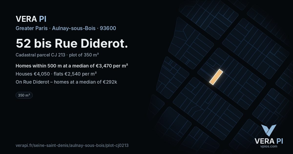 52 bis Rue Diderot, Aulnay-sous-Bois at night – the plot lit, the parcels around coloured by the prices near them