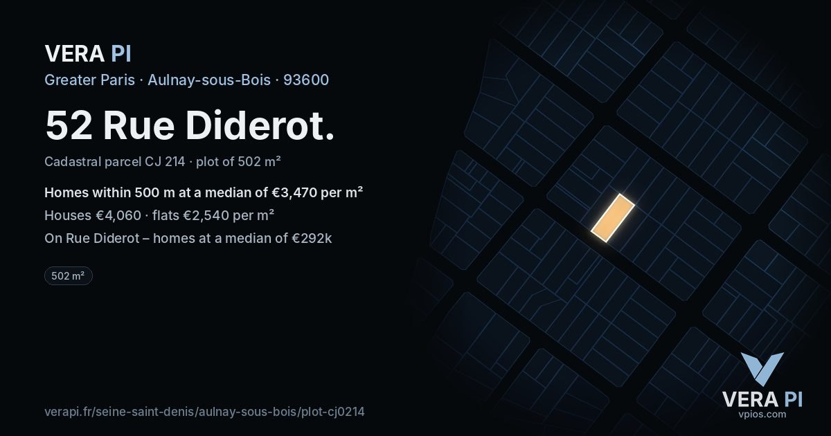 52 Rue Diderot, Aulnay-sous-Bois at night – the plot lit, the parcels around coloured by the prices near them