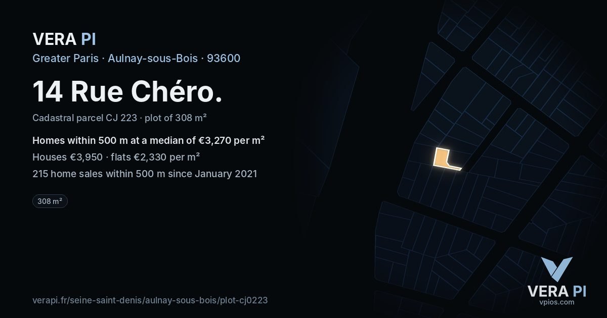 14 Rue Chéro, Aulnay-sous-Bois at night – the plot lit, the parcels around coloured by the prices near them