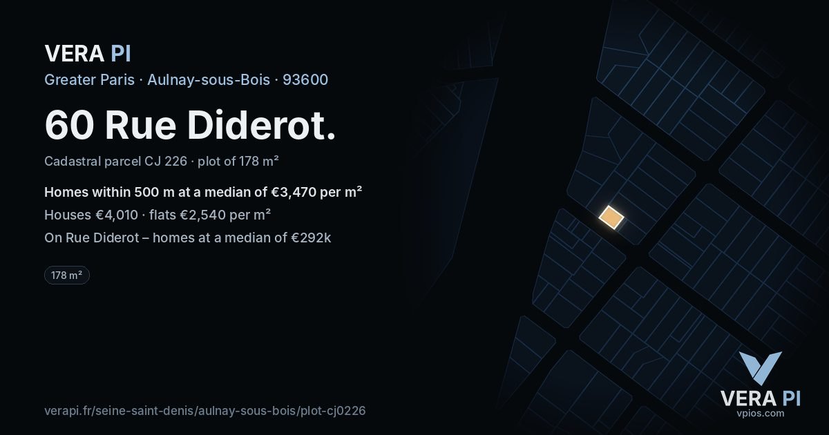 60 Rue Diderot, Aulnay-sous-Bois at night – the plot lit, the parcels around coloured by the prices near them