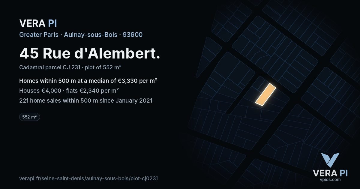 45 Rue d'Alembert, Aulnay-sous-Bois at night – the plot lit, the parcels around coloured by the prices near them