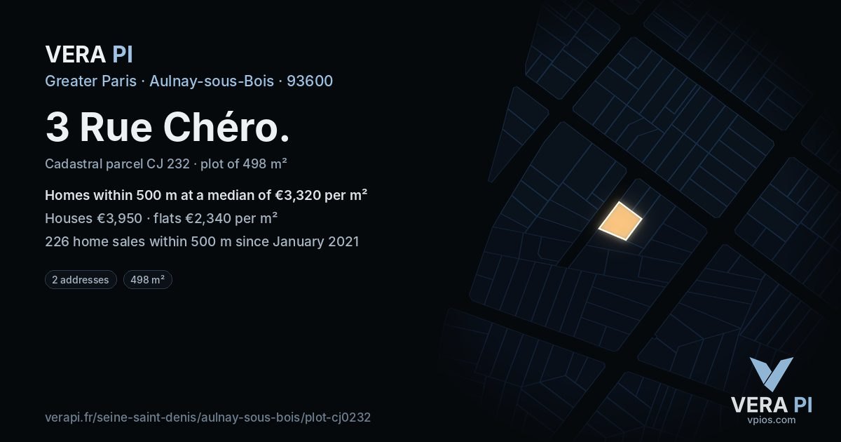 3 Rue Chéro, Aulnay-sous-Bois at night – the plot lit, the parcels around coloured by the prices near them