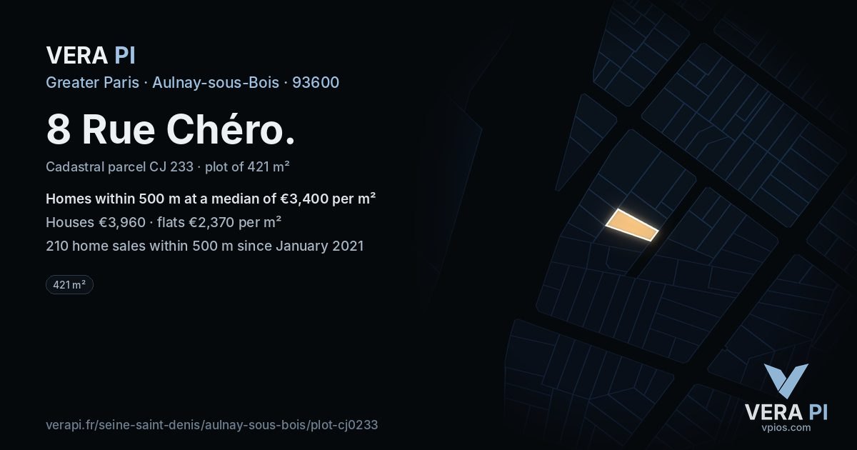 8 Rue Chéro, Aulnay-sous-Bois at night – the plot lit, the parcels around coloured by the prices near them