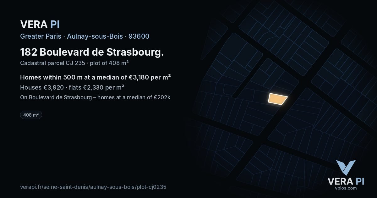 182 Boulevard de Strasbourg, Aulnay-sous-Bois at night – the plot lit, the parcels around coloured by the prices near them
