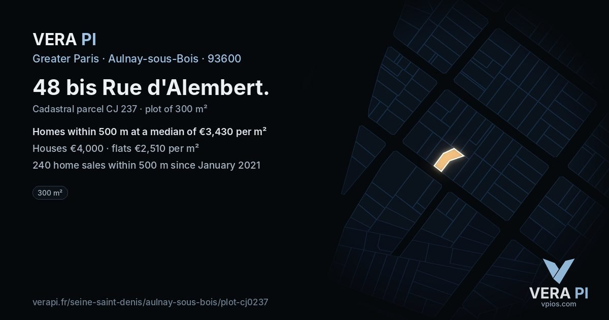 48 bis Rue d'Alembert, Aulnay-sous-Bois at night – the plot lit, the parcels around coloured by the prices near them