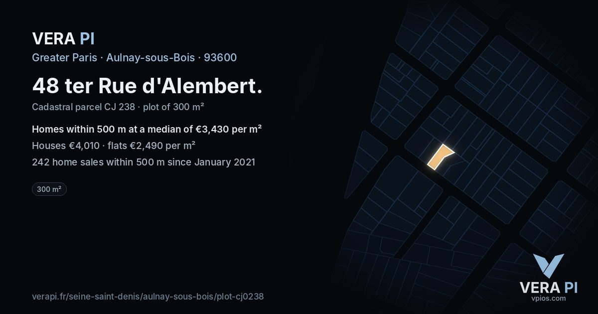 48 ter Rue d'Alembert, Aulnay-sous-Bois at night – the plot lit, the parcels around coloured by the prices near them