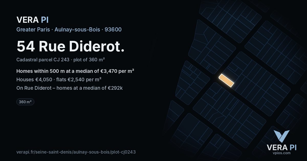 54 Rue Diderot, Aulnay-sous-Bois at night – the plot lit, the parcels around coloured by the prices near them