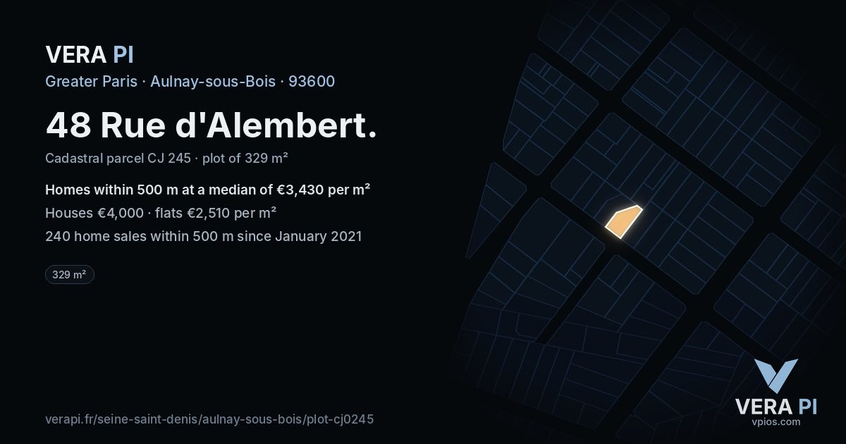 48 Rue d'Alembert, Aulnay-sous-Bois at night – the plot lit, the parcels around coloured by the prices near them