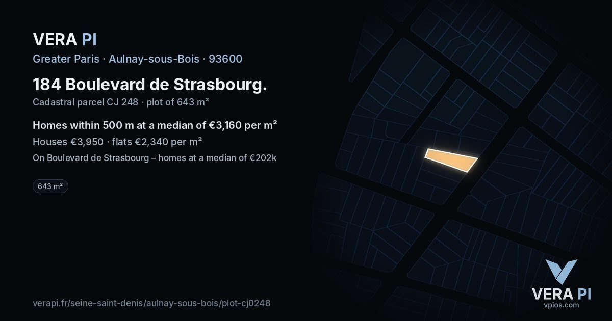 184 Boulevard de Strasbourg, Aulnay-sous-Bois at night – the plot lit, the parcels around coloured by the prices near them