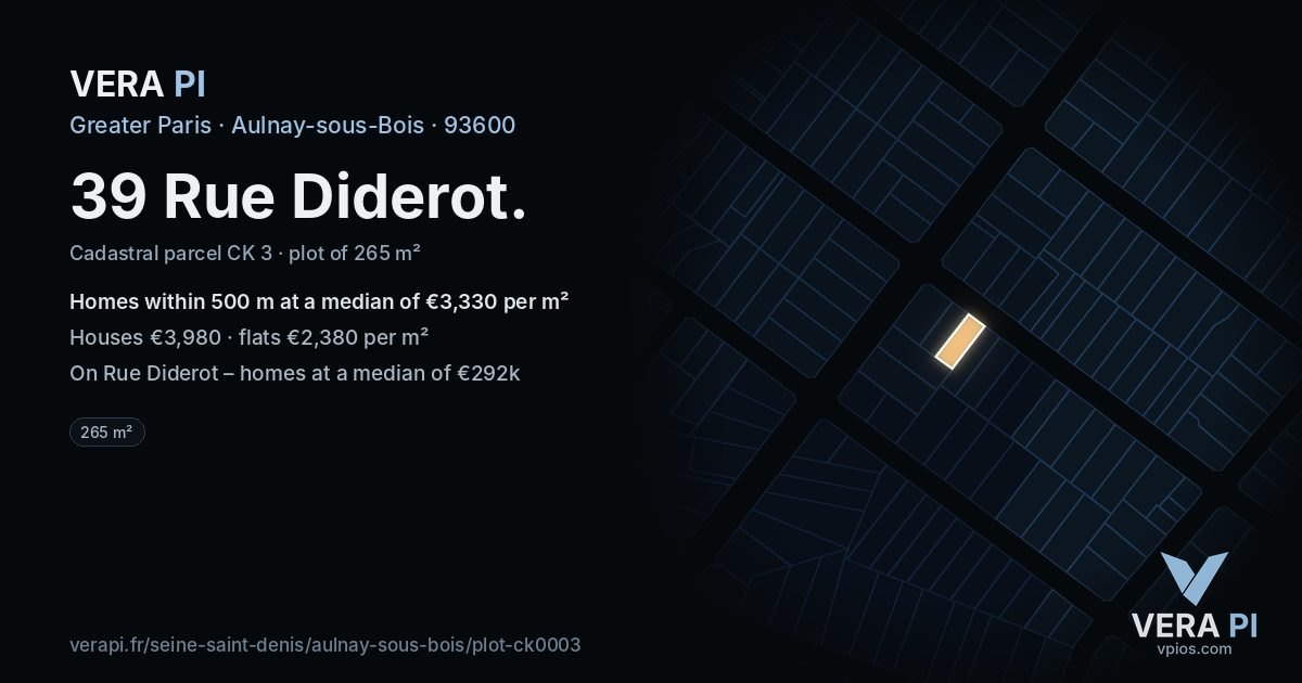 39 Rue Diderot, Aulnay-sous-Bois at night – the plot lit, the parcels around coloured by the prices near them