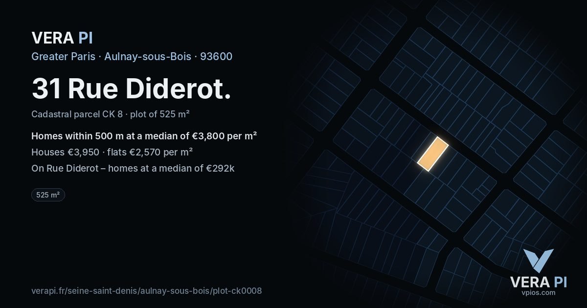 31 Rue Diderot, Aulnay-sous-Bois at night – the plot lit, the parcels around coloured by the prices near them