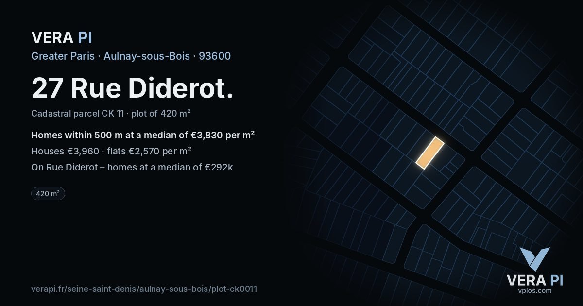 27 Rue Diderot, Aulnay-sous-Bois at night – the plot lit, the parcels around coloured by the prices near them