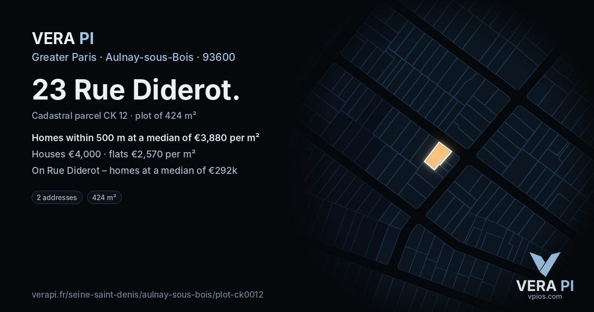 23 Rue Diderot, Aulnay-sous-Bois at night – the plot lit, the parcels around coloured by the prices near them