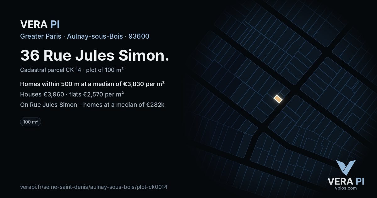 36 Rue Jules Simon, Aulnay-sous-Bois at night – the plot lit, the parcels around coloured by the prices near them