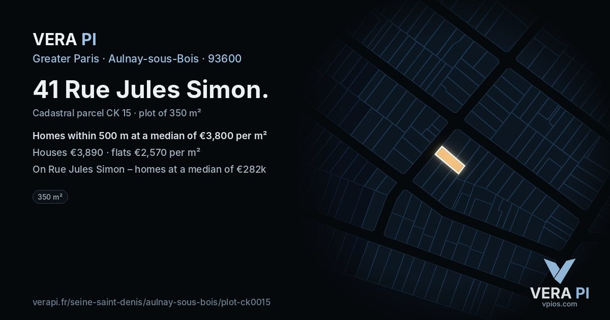 41 Rue Jules Simon, Aulnay-sous-Bois at night – the plot lit, the parcels around coloured by the prices near them